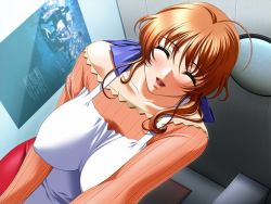 Rule 34 | 1girl, apron, bare shoulders, blush, breasts, closed eyes, game cg, hair ornament, happy, housewife, indoors, large breasts, long hair, mature female, open mouth, orange hair, sano toshihide, smile, solo