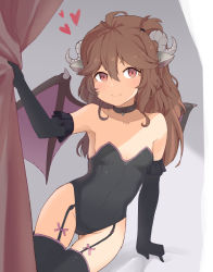 Rule 34 | 1girl, alternate costume, animal ears, arknights, arm support, black gloves, black leotard, black thighhighs, blush, breasts, brown hair, closed mouth, collar, curtains, elbow gloves, eyjafjalla (arknights), garter straps, gloves, gluteal fold, heart, heart collar, horns, jalm, leotard, long hair, looking at viewer, playboy bunny, red eyes, sitting, small breasts, smile, solo, thighhighs, wings, yokozuwari