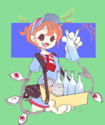 Rule 34 | 1girl, alternate costume, bottle, box, concessions, cup, cyborg, drinking straw, fanny pack, gloves, green background, looking at viewer, lowres, matcha bone, open mouth, orange hair, peacock (skullgirls), ponytail, sharp teeth, shirt, short hair, skullgirls, smile, solo, t-shirt, teeth, tray, visor cap