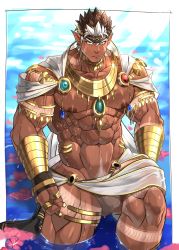 Rule 34 | 1boy, abs, afloat, armband, bara, bellsaltr, brown hair, bulge, cape, dark-skinned male, dark skin, day, facial hair, flower, gauntlets, headband, highres, jewelry, large pectorals, leg tattoo, legband, light, loincloth, looking at viewer, male focus, male underwear, manly, mature male, multicolored hair, muscular, muscular male, navel, navel hair, necklace, nipples, ornament, outdoors, pectorals, petals, petals on liquid, pointy ears, pubic hair, puffy chest, ring, solo, stubble, sunlight, tangaroa (housamo), tattoo, thick arms, thick eyebrows, thick thighs, thighs, tokyo houkago summoners, underwear, water, wet, wet clothes, white hair, yellow eyes