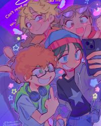 Rule 34 | 4boys, aged up, animal ears, animification, artist name, bishounen, blonde hair, blue eyes, brown hair, cellphone, cellphone photo, closed mouth, commentary, drink, english commentary, english text, eric cartman, green eyes, halo, headphones, heart, heterochromia, highres, holding, holding phone, indoors, kenny mccormick, kyle broflovski, littlebunniboo, looking at phone, male focus, multiple boys, phone, purple eyes, rabbit ears, red hair, selfie, smartphone, south park, stan marsh, sunglasses, taking picture, teeth