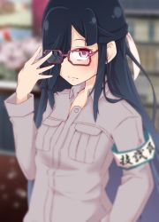 Rule 34 | 10s, 1girl, alternate costume, black hair, blurry, buttons, collared shirt, depth of field, glasses, grey shirt, hair over one eye, hayashimo (kancolle), highres, kantai collection, long hair, long sleeves, red-framed eyewear, red eyes, ru2n131, shirt, solo, very long hair, wing collar