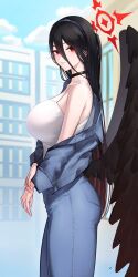 Rule 34 | 1girl, absurdres, aoi riko, black hair, black wings, blue archive, blush, breasts, camisole, choker, collarbone, day, denim, denim jacket, from side, hair between eyes, hairband, halo, hasumi (blue archive), highres, jacket, jeans, large breasts, long hair, long sleeves, looking at viewer, mole, mole under eye, open clothes, open jacket, outdoors, pants, red eyes, smile, solo, very long hair, white camisole, wings