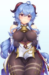 Rule 34 | 1girl, ahoge, bare shoulders, bell, blue background, blue hair, bodysuit, breasts, closed mouth, cowbell, cowboy shot, detached sleeves, ganyu (genshin impact), genshin impact, gluteal fold, goat horns, head tilt, highres, horns, lifting own clothes, light smile, long hair, looking at viewer, medium breasts, purple eyes, pussy juice, sidelocks, simple background, solo, thigh gap, yuki usagi (snowcanvas)