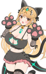 Rule 34 | 1girl, alternate costume, animal costume, animal ears, bell, black skirt, black thighhighs, blonde hair, breasts, cat costume, cat ears, cat lingerie, cat tail, cleavage, cleavage cutout, clothing cutout, earrings, fake animal ears, fake tail, fang, gonzarez, halloween, halloween costume, highres, jewelry, jingle bell, large breasts, long hair, looking at viewer, meme attire, mythra (xenoblade), neck bell, paw pose, simple background, skin fang, skirt, solo, standing, standing on one leg, tail, thighhighs, white background, xenoblade chronicles (series), xenoblade chronicles 2, yellow eyes