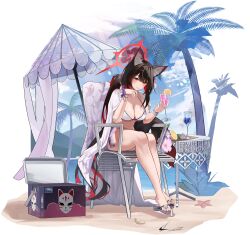 Rule 34 | 1girl, absurdres, animal ear fluff, animal ears, beach chair, bead bracelet, beads, bikini, black hair, blue archive, blush, bracelet, breasts, cleavage, cup, flower, fox ears, fox girl, fox mask, fox tail, full body, hair flower, hair ornament, halo, highres, holding, holding cup, jewelry, large breasts, long hair, looking at viewer, luenar, mask, navel, outdoors, palm tree, red halo, sand, sandals, sitting, smile, solo, string bikini, swimsuit, tail, tail flower, tail ornament, thigh strap, tree, umbrella, wakamo (blue archive), wakamo (swimsuit) (blue archive), white bikini, yellow eyes