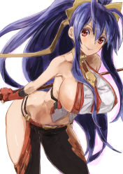 Rule 34 | 1girl, bare shoulders, blazblue, blush, breasts, covered erect nipples, curvy, female focus, happy, huge breasts, leaning forward, long hair, looking at viewer, mai natsume, no panties, ponytail, purple hair, red eyes, shiny skin, sideboob, simple background, smile, solo, standing, thighs, very long hair, white background, yohane