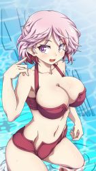 Rule 34 | 1girl, 547th sy, text background, bikini, blush, breasts, cleavage, dated, giuseppe garibaldi (kancolle), highres, huge breasts, kantai collection, multicolored hair, open mouth, partially submerged, pink eyes, pink hair, red bikini, red hair, short hair, solo, swimsuit, twitter username, water