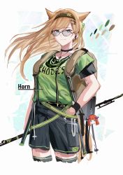 Rule 34 | 1girl, absurdres, animal ears, arknights, backpack, bag, bagpipe (arknights), black collar, black shorts, black thighhighs, blonde hair, brown bag, cameo, casual, character name, charm (object), clothes writing, collar, cowboy shot, cropped legs, green eyes, green hairband, green shirt, hairband, hand in pocket, highres, holding, holding stick, horn (arknights), jewelry, long hair, necklace, shirt, shorts, simple background, solo, stick, sunglasses, t-shirt, tail, thighhighs, white background, wind, wireless earphones, wolf ears, wolf girl, wolf tail, zuo daoxing