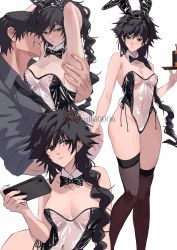 Rule 34 | 1boy, 1girl, anger vein, animal ears, armpits, arms up, black hair, black leotard, black necktie, black thighhighs, blush, bow, bowtie, braid, breasts, cellphone, cleavage, closed mouth, commentary, curvy, detached collar, drink, fake animal ears, fake tail, father and daughter, fushiguro megumi, fushiguro touji, genderswap, genderswap (mtf), green eyes, hair between eyes, highres, holding, holding phone, holding tray, incest, jujutsu kaisen, leotard, long hair, looking at viewer, looking to the side, mature male, medium breasts, meme attire, navel, necktie, nipples, phone, playboy bunny, rabbit ears, rabbit tail, scar, scar on face, scar on mouth, see-through, see-through leotard, shinoda giri, shirt, short hair, simple background, smartphone, standing, strapless, strapless leotard, symbol-only commentary, tail, thick thighs, thighhighs, thighs, traditional bowtie, translucent bunnysuit, tray, very long hair, white background
