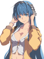 Rule 34 | 1girl, bandana, blue eyes, blue hair, bracelet, breasts, chiharu (9654784), hand on own ear, hand on own ear, highres, jacket, jewelry, large breasts, long hair, looking at viewer, navel, open clothes, open jacket, original, simple background, smile, solo, stomach, white background