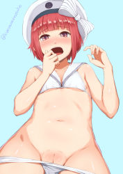 Rule 34 | 10s, 1girl, bad id, bad nijie id, beret, bikini, blue background, blunt bangs, blush, bow, cleft of venus, collarbone, cowboy shot, eyebrows, flat chest, from below, full-face blush, hat, hat bow, hat ornament, kantai collection, kurowan, looking at viewer, looking down, navel, panties, panty pull, pussy, pussy peek, red eyes, red hair, ribbon, sailor bikini, sailor collar, side-tie bikini bottom, simple background, smiley face, solo, stomach, striped, striped bow, swimsuit, twitter username, uncensored, underwear, white bikini, white hat, white ribbon, z3 max schultz (kancolle)