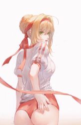 Rule 34 | 1girl, ass, blonde hair, braid, braided bun, breasts, buruma, cowboy shot, fate/grand order, fate (series), from behind, gradient background, green eyes, gym uniform, hair bun, hair intakes, hand on own ass, headband, highres, looking at viewer, looking back, maccha (mochancc), nero claudius (fate), nero claudius (fate) (all), nero claudius (fate/extra), nero claudius (olympian bloomers) (fate), official alternate costume, puffy short sleeves, puffy sleeves, red buruma, red headband, red ribbon, ribbon, shirt, short sleeves, sidelocks, solo, white background, white shirt