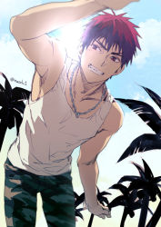 Rule 34 | 1boy, commentary request, eyebrows, grin, jewelry, kagami taiga, kuroko no basuke, leaning to the side, male focus, necklace, outdoors, palm tree, pants, red eyes, red hair, ring, ring necklace, shirt, short hair, smile, solo, sun, tank top, toned, toned male, torisu, tree, white shirt