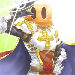 Rule 34 | 1boy, armor, bag, bag on head, blue cape, breastplate, cape, chainmail, commentary request, cross, gauntlets, glint, hand on own hip, lord knight (ragnarok online), lowres, male focus, paper bag, pauldrons, ragnarok online, red cape, rouko605, salute, shoulder armor, solo, spiked gauntlets, tabard, two-sided cape, two-sided fabric, upper body