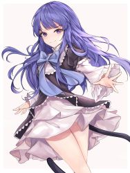 Rule 34 | 1girl, absurdres, black dress, blue bow, blue bowtie, blue hair, bow, bowtie, cat tail, closed mouth, dress, frederica bernkastel, frills, highres, long hair, long sleeves, looking at viewer, orchid (orukido), purple eyes, simple background, smile, solo, tail, umineko no naku koro ni, white background