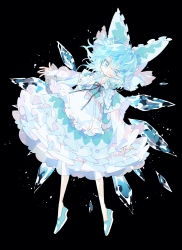 Rule 34 | 1girl, alternate costume, black background, blue bow, blue dress, blue eyes, blue footwear, blue hair, bow, cirno, closed mouth, detached wings, dress, fairy, frilled dress, frilled sleeves, frills, full body, hair between eyes, hair bow, highres, ice, ice wings, long sleeves, nikorashi-ka, shoes, short hair, simple background, solo, touhou, wide sleeves, wings
