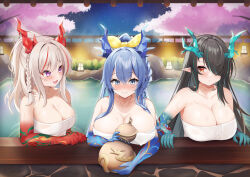 Rule 34 | 3girls, aqua hair, aqua horns, arknights, black hair, blue eyes, blue hair, blue horns, braid, breasts, cherry blossoms, cleavage, collarbone, dragon girl, dragon horns, dusk (arknights), elegant (sumisumi4268), fang, grey hair, hair over one eye, hair ribbon, highres, horns, large breasts, ling (arknights), long hair, multicolored hair, multiple girls, naked towel, nian (arknights), night, night sky, onsen, open mouth, pointy ears, ponytail, purple eyes, red eyes, red hair, red horns, ribbon, skin fang, sky, smile, streaked hair, towel, water, wet, yellow ribbon