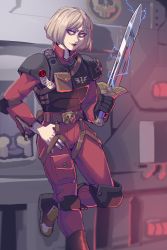 Rule 34 | 1girl, armor, astra militarum, belt, brown hair, bulletproof vest, extremely-nervess, gloves, highres, holding, holding weapon, inquisition (warhammer), knee pads, leaning on object, looking at viewer, short hair, skull, smile, solo, sword, warhammer 40k, weapon, zipper