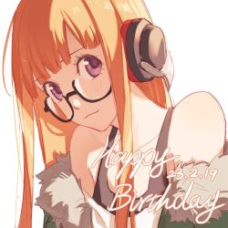 Rule 34 | 1girl, bare shoulders, black-framed eyewear, blush, closed mouth, collarbone, commentary request, dated, fur-trimmed jacket, fur trim, glasses, green jacket, happy birthday, head tilt, headphones, highres, jacket, long hair, looking at viewer, open clothes, open jacket, orange hair, persona, persona 5, purple eyes, sakura futaba, simple background, smile, solo, straight hair, tsubsa syaoin, white background