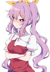 Rule 34 | 1girl, blush, commentary request, crossed arms, frown, hair between eyes, hair ribbon, highres, long hair, looking at viewer, puffy short sleeves, puffy sleeves, purple hair, red eyes, ribbon, short sleeves, simple background, solo, touhou, tsukimirin, twintails, watatsuki no yorihime, white background, yellow ribbon