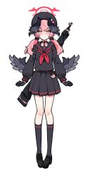 Rule 34 | 1girl, alternate costume, beret, birthmark, black footwear, black gloves, black hat, black sailor collar, black serafuku, black shirt, black skirt, black socks, black wings, blue archive, clenched hands, closed mouth, double-parted bangs, feathered wings, full body, gloves, hair between eyes, halo, hat, head wings, highres, ideolo, justice task force member (blue archive), koharu (blue archive), long sleeves, low twintails, low wings, midriff peek, miniskirt, neckerchief, pink eyes, pink hair, pink halo, pleated skirt, puffy long sleeves, puffy sleeves, red neckerchief, sailor collar, school uniform, serafuku, shirt, simple background, skirt, socks, solo, standing, twintails, weapon, weapon on back, white background, wings
