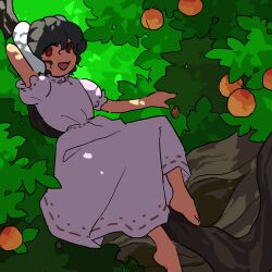 Rule 34 | 1girl, animal ears, arm behind head, barefoot, black hair, commentary request, day, dress, flat chest, food, fruit, highres, in tree, inaba tewi, kaigen 1025, no sclera, open mouth, peach, peach tree, pink dress, puffy short sleeves, puffy sleeves, rabbit ears, rabbit girl, red eyes, ribbon-trimmed dress, ribbon-trimmed sleeves, ribbon trim, short sleeves, sitting, sitting in tree, sketch, smile, solo, touhou, tree