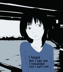 Rule 34 | 1girl, architecture, black hair, blue shirt, bridge, clothes writing, collarbone, colored skin, english text, expressive clothes, female focus, head tilt, hosoo, landscape, monochrome, original, outdoors, scenery, shirt, solo, spot color, t-shirt, upper body, water, white skin