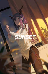 Rule 34 | 1girl, absurdres, arknights, black pants, ch&#039;en (arknights), character name, chinese commentary, commentary request, convenient arm, cowboy shot, curtains, dragon horns, dutch angle, hair between eyes, highres, horns, long hair, oka ball, pants, parted lips, plant, purple hair, shirt, sidelocks, solo, standing, white shirt