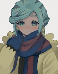 Rule 34 | 1boy, blue mittens, blue scarf, blush, closed mouth, commentary request, creatures (company), game freak, green eyes, green hair, grusha (pokemon), hand up, ikuta za, jacket, long hair, long sleeves, male focus, mittens, nintendo, pokemon, pokemon sv, scarf, simple background, solo, striped clothes, striped scarf, upper body, white background, yellow jacket
