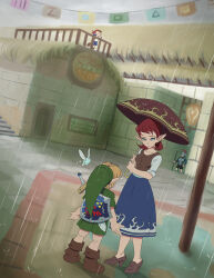 Rule 34 | anju, armor, artist request, blonde hair, blue skirt, bombers, boots, brown hair, fairy, green headwear, green tunic, highres, holding, holding umbrella, holding weapon, hylian shield, link, looking at another, nintendo, pointy ears, rain, red headwear, shield, shield on back, skirt, sword, tatl, the legend of zelda, the legend of zelda: majora&#039;s mask, umbrella, weapon, young link