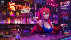 Rule 34 | 1girl, alcohol, bar (place), bartender, bottle, breasts, cameo, capcom, choker, cleavage, collar, commentary, commission, crossover, dante (devil may cry), devil may cry (series), devil may cry 5, drink, english commentary, glass, head tilt, jacket, lips, long hair, looking at viewer, majima goro, manda schank, mascot, medium breasts, money, neon lights, nose, off-shoulder jacket, off shoulder, red (strippin), red eyes, red hair, red jacket, ryuu ga gotoku (series), sega, solo, strippin, track jacket, twintails, twitch.tv, vrchat, whiskey, yakuza (game)