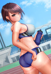 Rule 34 | 1girl, adjusting buruma, adjusting clothes, ass, bare shoulders, bleachers, blue sky, bottle, breasts, brown eyes, brown hair, buruma, check commentary, cloud, commentary, commentary request, day, dripping, dutch angle, highres, holding, holding bottle, large breasts, looking at viewer, midriff, original, outdoors, racetrack, short hair, sky, solo, sparkling sweat, sports bikini, sportswear, stadium, sweat, sweat stain, syzne, tan, tanline, track uniform, turning head, very sweaty, water bottle