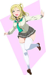 Rule 34 | 1girl, absurdres, artist name, artist request, blonde hair, blush, bow, braid, breasts, brown eyes, brown footwear, crown braid, detached sleeves, doki2sdale, female focus, full body, green neckwear, grey skirt, hair rings, highres, long hair, long sleeves, looking at viewer, love live!, love live! sunshine!!, medium breasts, ohara mari, one eye closed, outstretched arms, pleated skirt, sailor collar, school uniform, shirt, shoes, short hair, skirt, smile, solo, standing, standing on one leg, thighhighs, uranohoshi school uniform, white shirt, white thighhighs, yellow eyes, zettai ryouiki