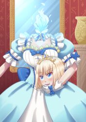 Rule 34 | 1girl, bad link, blonde hair, blue dress, blue eyes, blue fire, blush, breasts, cleavage, drawfag, dress, dullahan, fire, gloves, highres, holding head, indoors, medium breasts, mia luna tearmoon, mirror, open mouth, puffy short sleeves, puffy sleeves, short hair, short sleeves, standing, tearmoon teikoku monogatari, tiara, vase, white dress, white gloves