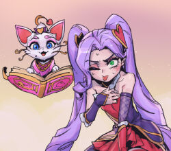 Rule 34 | :d, :p, ;p, animal, bare shoulders, blue eyes, blush, book, breasts, cat, detached collar, detached sleeves, hair ornament, heart, heart hair ornament, heartseeker jinx, heartseeker yuumi, jinx (league of legends), league of legends, leaning forward, long hair, multicolored background, one eye closed, open book, open mouth, parted bangs, phantom ix row, pink hair, pleated skirt, red skirt, skirt, small breasts, smile, sweat, tongue, tongue out, twintails, yuumi (league of legends)