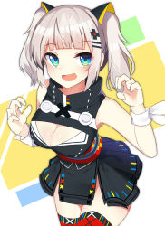 Rule 34 | 1girl, :d, blue eyes, blunt bangs, breasts, claw pose, cleavage, cleavage cutout, clothing cutout, commentary, cowboy shot, dress, fang, hair ornament, hairclip, highres, kaguya luna, large breasts, leaning forward, looking at viewer, medium hair, obi, open mouth, red thighhighs, ribbon, ryu narb, sash, silver hair, sleeveless, sleeveless dress, smile, solo, the moon studio, thighhighs, twintails, virtual youtuber, wrist ribbon