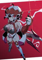 Rule 34 | 1girl, ahoge, boots, breasts, bullet, cleavage, covered navel, elbow gloves, gloves, glowing, glowing eyes, hair between eyes, hal-bard, highres, large breasts, purple hair, red eyes, red theme, senki zesshou symphogear, shaded face, solo, thigh boots, thighhighs, twitter username, yukine chris