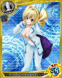 Rule 34 | 1girl, ahoge, bishop (chess), blonde hair, blue eyes, blush, breasts, card (medium), character name, chess piece, cleavage, closed mouth, collarbone, drill hair, embarrassed, facing viewer, hair tie, hand up, happy, high school dxd, holding, holding pillow, japanese text, kanji, large breasts, long hair, long sleeves, looking at viewer, navel, no bra, official art, open clothes, open shirt, pajamas, pants, pillow, ravel phenex, see-through, shirt, smile, solo, standing, translation request, twintails