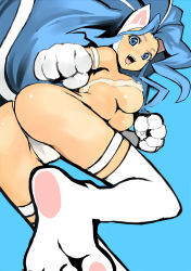 Rule 34 | 1girl, animal ears, animal hands, ass, big hair, blue eyes, blue hair, breasts, capcom, cat ears, cat tail, fangs, felicia (vampire), from behind, from below, hairband, large breasts, long hair, matching hair/eyes, open mouth, solo, standing, standing on one leg, tail, thighhighs, vampire (game), very long hair, won (toufunokado)
