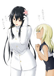 Rule 34 | 10s, 2girls, arm behind back, black hair, blonde hair, blue eyes, breasts, brown eyes, clenched hands, commentary request, competition school swimsuit, epaulettes, female admiral (kancolle), flower, from side, gloves, hair flower, hair ornament, hand in own hair, hands on own chest, highres, kantai collection, large breasts, long hair, military, military uniform, multiple girls, musical note, naval uniform, niwatazumi, one-piece swimsuit, open mouth, profile, quaver, ro-500 (kancolle), sailor collar, sailor shirt, school swimsuit, shirt, sidelocks, sketch, smile, spoken musical note, swimsuit, swimsuit under clothes, tatebayashi sakurako, translation request, uniform, white background