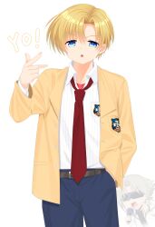 Rule 34 | 2boys, absurdres, blazer, blonde hair, blue eyes, blue pants, chibi, chibi inset, clannad, collared shirt, commentary request, company connection, cowboy shot, eyes visible through hair, hair between eyes, hand in pocket, hand up, highres, hikarizaka private high school uniform, jacket, key (company), long sleeves, looking at viewer, male focus, multiple boys, necktie, open clothes, open jacket, open mouth, otou (otou san), pants, red necktie, rewrite, school uniform, shirt, short hair, solo focus, standing, sunglasses, sunohara youhei, v-shaped eyebrows, w, white shirt, yellow jacket, yoshino haruhiko