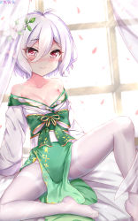 Rule 34 | 1girl, absurdres, arm support, artist name, bare shoulders, bed sheet, blush, bow, breasts, chinese commentary, cleavage, closed mouth, collarbone, commentary request, corrupted metadata, curtains, dahe zhuang (yishi fanhua), elf, flower, green bow, green kimono, hair between eyes, hair flower, hair ornament, highres, indoors, japanese clothes, kimono, kimono pull, knee up, kokkoro (new year) (princess connect!), kokkoro (princess connect!), leaning back, looking at viewer, obi, on bed, pantyhose, petals, pointy ears, princess connect!, purple hair, sash, short hair, silver hair, sitting, small breasts, smile, solo, spread legs, tears, thighband pantyhose, white flower, white pantyhose, window