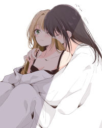 Rule 34 | 2girls, ajiwo, blanket, blush, breasts, brown hair, character request, cleavage, closed eyes, closed mouth, commentary request, green eyes, hand on another&#039;s shoulder, highres, idolmaster, idolmaster cinderella girls, light brown hair, multiple girls, one eye closed, shared blanket, yuri