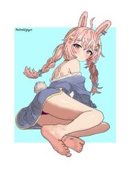 Rule 34 | 1girl, ahoge, animal ears, aqua background, ass, bare shoulders, barefoot, blue background, blush, braid, feet, hair ornament, hairclip, japanese clothes, legs, long hair, looking at viewer, looking back, miko, off shoulder, panties, phase connect, pink eyes, pink hair, pipkin pippa, rabbit ears, rabbit girl, rabbit tail, self-upload, soles, solo, tail, thedarkenjoyer, toes, twin braids, two-tone background, underwear, virtual youtuber