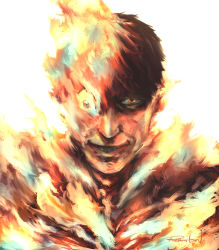 Rule 34 | 1boy, absurdres, agni (fire punch), black hair, burning, fire, fire punch, flaming eye, forced smile, highres, looking at viewer, orange theme, rakutoooon, short hair, simple background, smile, solo, white background