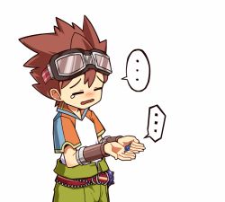Rule 34 | ..., 10s, 1boy, alec (merc storia), belt, brown hair, crying, closed eyes, goggles, goggles on head, maguro (mawaru sushi), merc storia, pointy hair, simple background, spoken ellipsis, vambraces, white background