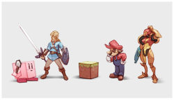 Rule 34 | 1girl, 2boys, arm cannon, armor, block (object), blouse, blush, copy ability, cube, facial hair, gloves, grey background, hand on own chin, hand on own hip, hat, highres, holding, holding shield, holding sword, holding weapon, hylian shield, kirby, kirby (series), link, looking at another, mario, mario (series), master sword, metroid, minecraft, multiple boys, mustache, nin nakajima, nintendo, overalls, ponytail, power armor, red headwear, red shirt, samus aran, scratching head, shield, shirt, shovel, simple background, stroking own chin, super smash bros., sword, the legend of zelda, the legend of zelda: breath of the wild, tunic, weapon, white gloves