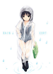 Rule 34 | 1girl, bag, black hair, boots, coffee-kizoku, english text, engrish text, hood, long hair, one-piece swimsuit, original, raincoat, ranguage, rubber boots, school bag, school swimsuit, see-through, shiramine rika, smile, solo, swimsuit, swimsuit under clothes, typo, water drop