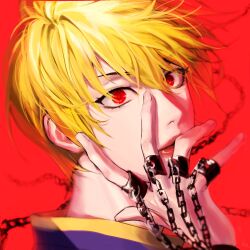 Rule 34 | 1boy, alternate hair length, alternate hairstyle, blonde hair, chain, closed mouth, eyelashes, from side, gi um, hand on own face, hand up, hashtag only commentary, highres, hunter x hunter, jewelry, kurapika, lips, looking at viewer, looking to the side, male focus, multiple rings, portrait, red background, red eyes, red lips, ring, short hair, simple background, weapon